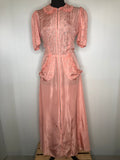 Vintage 1940s Maxi Tea Dress with Broderie Anglaise in Pink by Mitzi - Size UK 14
