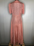 14  zip front dress  womens  vintage  Urban Village Vintage  urban village  tea dress  silky  silk  short sleeved  pockets  Mitzi  maxi dress  long length  frill trims  embroidered  dress  Broderie Anglaise  40s  40  1940s