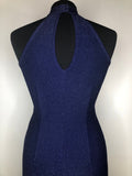 womens  vintage  Urban Village Vintage  urban village  studio 54  party dress  party  new year  metallic  maxi dress  lurex  long length dress  halter neck  halter  glittery  glitter  dress  disco dress  disco  christmas  button back neck  Blue  back zip  8  70s  1970s