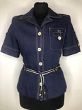 Vintage 1970s Belted Short Sleeve Shirt in Navy Blue by Mansfield - Size UK 10