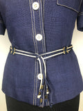 womens  waist belt  vintage  V-Neck  top  tie waist belt  stitch detailing  short sleeved  short sleeve  shirt  Navy Blue  multi  Mansfield Original  large collar  collar  blue  blouse  70s  1970s