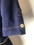 womens  waist belt  vintage  V-Neck  top  tie waist belt  stitch detailing  short sleeved  short sleeve  shirt  Navy Blue  multi  Mansfield Original  large collar  collar  blue  blouse  70s  1970s
