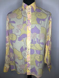 Vintage 1960s Psych Floral Print Balloon Sleeve Shirt in Yellow and Purple - Size L