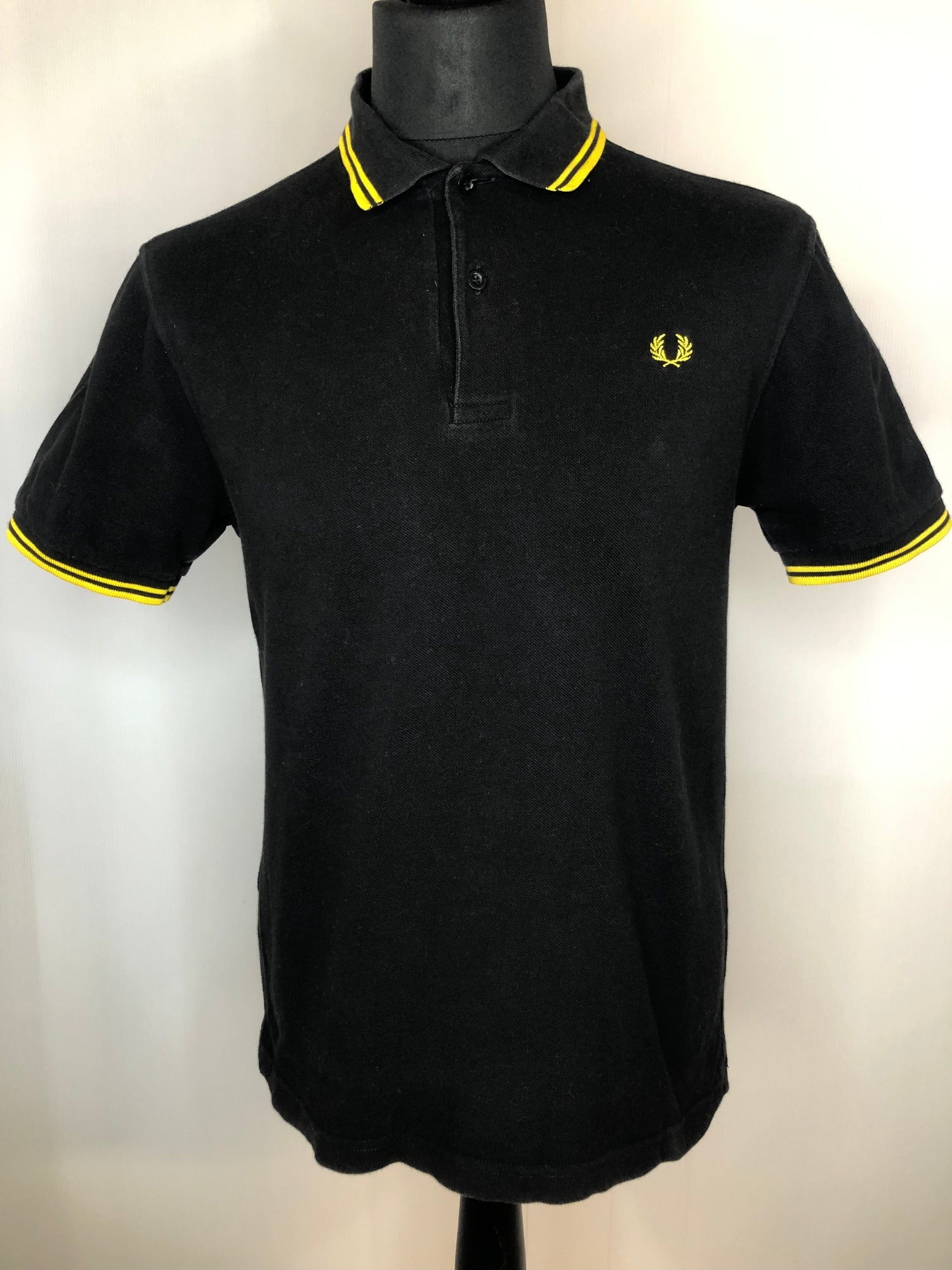 Black Polo Shirt With Yellow Trim Fred Perry Polo Top 100% Cotton