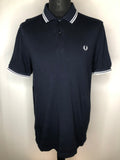 Fred Perry Polo Top in Navy Blue with White Stripes - Size L
