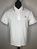 Fred Perry 100% Cotton Pique Polo Top in White with Blue Stripes - Size L