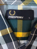 Yellow  vintage  top  summer shirt  short sleeved shirt  short sleeved  Shirt  MOD  Mens Shirts  mens  large check  Fred Perry  fred  embroidered logo  Embroidered  checked  check shirt  check print  check  button front  button down  button
