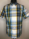 Fred Perry Button Down Short Sleeved Check Shirt in Blue and Yellow - Size L