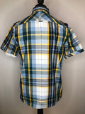 Yellow  vintage  top  summer shirt  short sleeved shirt  short sleeved  Shirt  MOD  Mens Shirts  mens  large check  Fred Perry  fred  embroidered logo  Embroidered  checked  check shirt  check print  check  button front  button down  button