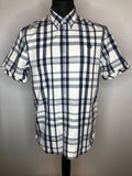 Fred Perry Button Down Short Sleeved Check Shirt in Navy Blue and White - Size L