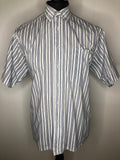 Vintage 1970s Short Sleeved Striped Shirt in Navy Blue and White - Size L