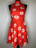 Vintage 1970s High Neck Daisy Print Mini Dress in Red - Size UK 8