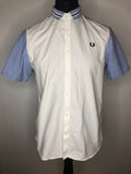 white  vintage  top  summer shirt  striped collar  short sleeved shirt  short sleeved  Shirt  MOD  Mens Shirts  mens  Light Blue  large check  Fred Perry  fred  embroidered logo  Embroidered