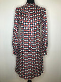 Vintage 1960s Circle and Square Print Balloon Sleeve Pussy Bow Dress - Size UK 12