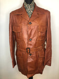 1970s Belted Leather Safari Jacket by Diana Warren - Size UK L