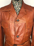 vintage  Urban Village Vintage  urban village  safari style  Safari jacket  safari  pockets  mens  long sleeve  Leather Jacket  Leather  L  jacket  Diana Warren  coat  brown  Belted waist  belted jacket  belted  belt  70s  1970s