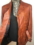 vintage  Urban Village Vintage  urban village  safari style  Safari jacket  safari  pockets  mens  long sleeve  Leather Jacket  Leather  L  jacket  Diana Warren  coat  brown  Belted waist  belted jacket  belted  belt  70s  1970s