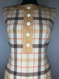 womens  vintage  sleevless  retro  polyester  pockets  orange  MOD  dress  cream  checked dress  check  beige  back zip  60s  1960s  10