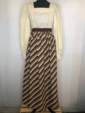 womens  vintage  victoriana  Urban Village Vintage  tie back belt  retro  print dress  maxi  Marion Donaldson  folk style  folk  dress  cream  brown  boho  8  70s  70  1970s