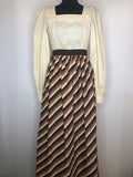 womens  vintage  victoriana  Urban Village Vintage  tie back belt  retro  print dress  maxi  Marion Donaldson  folk style  folk  dress  cream  brown  boho  8  70s  70  1970s
