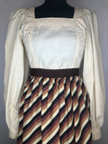 womens  vintage  victoriana  Urban Village Vintage  tie back belt  retro  print dress  maxi  Marion Donaldson  folk style  folk  dress  cream  brown  boho  8  70s  70  1970s