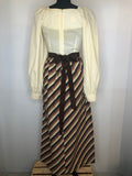 womens  vintage  victoriana  Urban Village Vintage  tie back belt  retro  print dress  maxi  Marion Donaldson  folk style  folk  dress  cream  brown  boho  8  70s  70  1970s