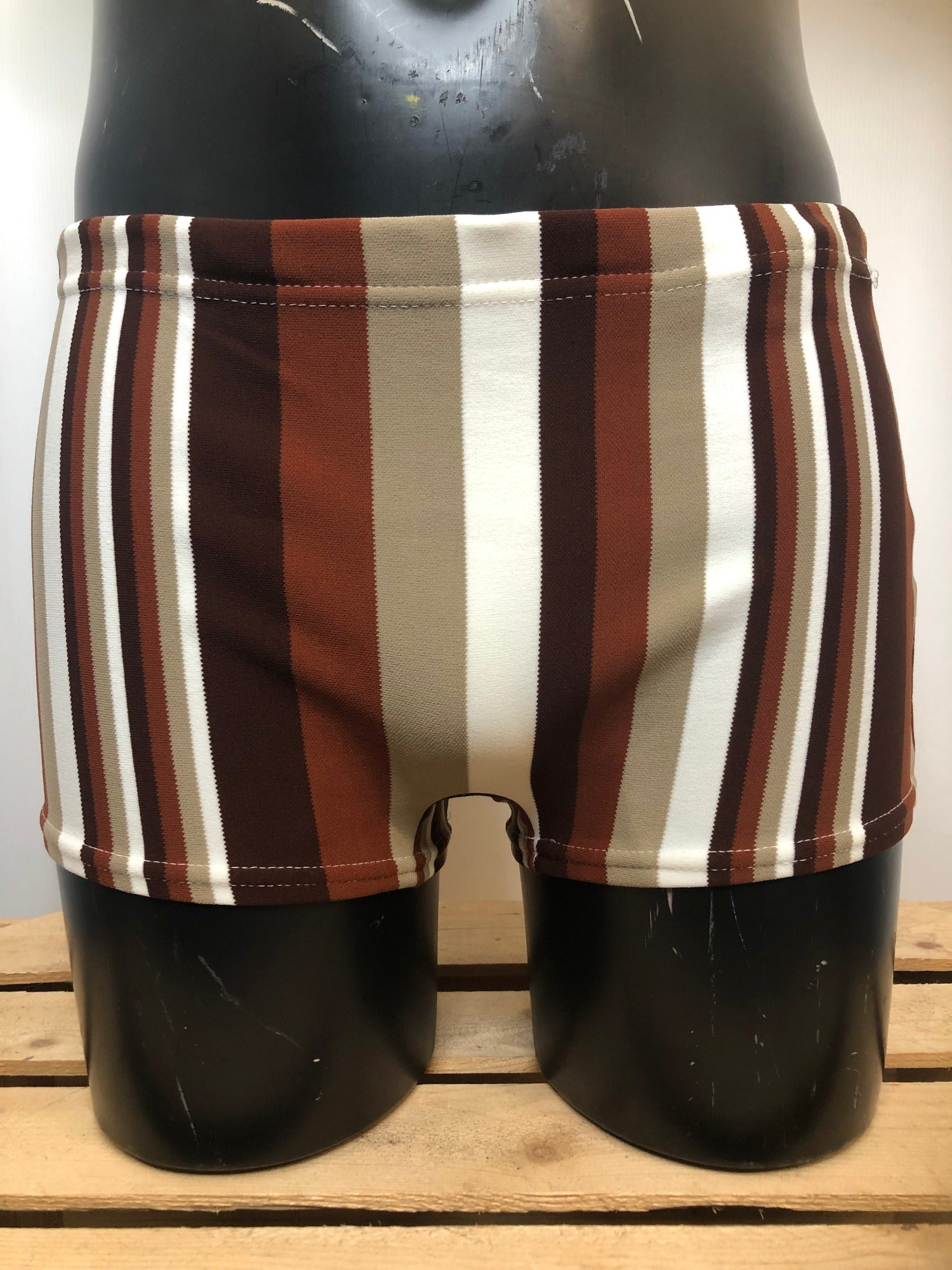 1970s Mens Striped Swim Shorts in Cream and Brown Size S-M S-M