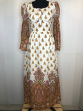 womens  vintage  Urban Village Vintage  retro  maxi dress  maxi  ethnic print  dress  decorative buttons  decorative bow  cream  brown  bell sleeve  8  70s  1970s