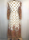 womens  vintage  Urban Village Vintage  retro  maxi dress  maxi  ethnic print  dress  decorative buttons  decorative bow  cream  brown  bell sleeve  8  70s  1970s