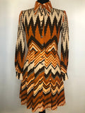 womens  vintage  Urban Village Vintage  Sherman of London  retro  pleated skirt  orange  dress  dagger collar  chevron print  button front  brown  70s  1970s  10