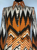 womens  vintage  Urban Village Vintage  Sherman of London  retro  pleated skirt  orange  dress  dagger collar  chevron print  button front  brown  70s  1970s  10