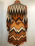 womens  vintage  Urban Village Vintage  Sherman of London  retro  pleated skirt  orange  dress  dagger collar  chevron print  button front  brown  70s  1970s  10
