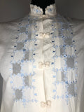 womens shirt  womens  white  vintage  Urban Village Vintage  urban village  summer dress  summer  sleeve  short sleeve  scallop collar  mandarin collar  long sleeves  long sleeve  ivory silk  Frog closure knot buttons  embroidered  cream  collar  Chinese blouse  blue embroidery  blouse  50s  1950s  10