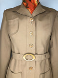 womens jacket  womens  waist belt  vintage  Urban Village Vintage  urban village  safari style  safari  retro  pockets  light brown  Jacket  Elgee of London  button  brown  big collar  Belted waist  belted jacket  belted  belt  70s  70  1970s  10