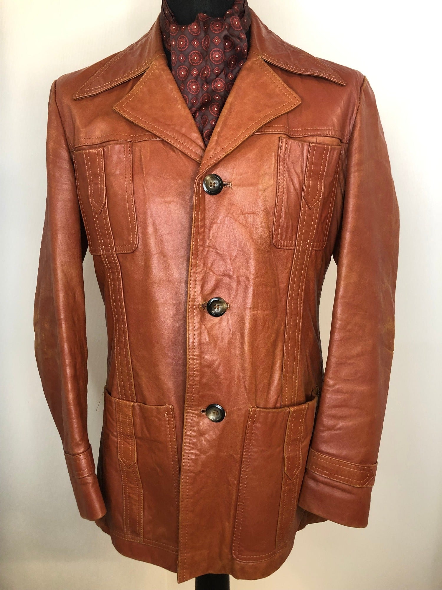 Vintage 1970s Leather Safari Jacket in Brown Size UK ML Urban