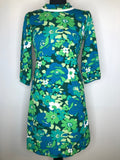 1960s Roll Neck Floral Print Dress in Green and Blue - Size UK 10