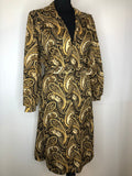 yellow  womens  vintage  v-neck design  Strelitz  retro  paisley print  long sleeve  large collar  dress  black  belted  70s  1970s