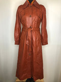womens jacket  womens coat  womens  waist belt  vintage  Urban Village Vintage  urban village  trench  pockets  long length coat  long  lining  Leather Jacket  Leather  large pointed collar  Jacket  coat  button  brown  Belted waist  belted jacket  belt  70s  70  1970s  10