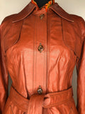 womens jacket  womens coat  womens  waist belt  vintage  Urban Village Vintage  urban village  trench  pockets  long length coat  long  lining  Leather Jacket  Leather  large pointed collar  Jacket  coat  button  brown  Belted waist  belted jacket  belt  70s  70  1970s  10