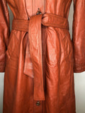 womens jacket  womens coat  womens  waist belt  vintage  Urban Village Vintage  urban village  trench  pockets  long length coat  long  lining  Leather Jacket  Leather  large pointed collar  Jacket  coat  button  brown  Belted waist  belted jacket  belt  70s  70  1970s  10