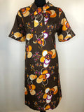 1970s Pussy Bow Floral Print Dress in Brown - Size UK 18