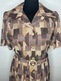 womens  vintage  Urban Village Vintage  tea dress  short sleeved  short sleeve dress  short sleeve  print dress  pointed collar  patchwork  open collar  midi dress  midi  large pointed collar  large collar  dress  collar  brown  70s  1970s  14