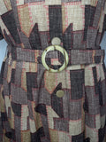 womens  vintage  Urban Village Vintage  tea dress  short sleeved  short sleeve dress  short sleeve  print dress  pointed collar  patchwork  open collar  midi dress  midi  large pointed collar  large collar  dress  collar  brown  70s  1970s  14
