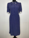 zip back  ww2  WW11  woodstock  womens  white polka dot  white  vintage  urban village  round collar  rockabilly  retro  pussy bow  princess diana  Polka Dot  pin up  neck tie  Navy  long length  long dress  long  bow tie collar  bow tie  Blue  70s  70  1970s  1950s  1940s  14