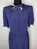 zip back  ww2  WW11  woodstock  womens  white polka dot  white  vintage  urban village  round collar  rockabilly  retro  pussy bow  princess diana  Polka Dot  pin up  neck tie  Navy  long length  long dress  long  bow tie collar  bow tie  Blue  70s  70  1970s  1950s  1940s  14