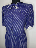 zip back  ww2  WW11  woodstock  womens  white polka dot  white  vintage  urban village  round collar  rockabilly  retro  pussy bow  princess diana  Polka Dot  pin up  neck tie  Navy  long length  long dress  long  bow tie collar  bow tie  Blue  70s  70  1970s  1950s  1940s  14