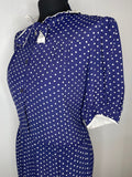 zip back  ww2  WW11  woodstock  womens  white polka dot  white  vintage  urban village  round collar  rockabilly  retro  pussy bow  princess diana  Polka Dot  pin up  neck tie  Navy  long length  long dress  long  bow tie collar  bow tie  Blue  70s  70  1970s  1950s  1940s  14