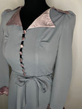 wwII  ww2  womens  vintage  tea dress  retro  puffed shoulders  midi dress  midi  long sleeve  Light Blue  Grey  fitted waist  dress  button front  Blue  6  40s  1970s  1940s