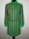 1970s Green Herringbone Striped Shirt-Collar Belted Mini Dress - UK 12