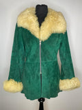 1960s 1970s Green Suede Sheepskin Collar Penny Lane Jacket - Size 8-10